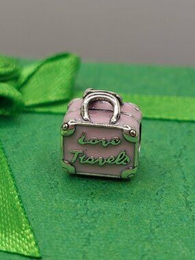 Sterling Silver 925 Rhodium Plated Pink Travel Bag "Love Travels" Charm